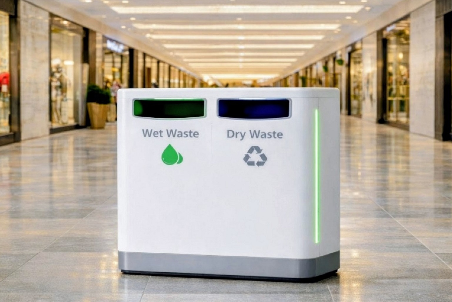 Smart waste bin in commercial mall environment with digital advertising screen